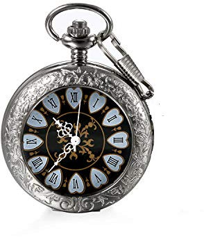 JewelryWe Retro Handaufzug Mechanische Taschenuhr Vintage Blumenmuster Römische Ziffern Uhr Taschenuhren Silber mit Kette und Geschenkbox
