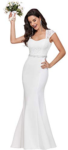 Ever-Pretty Women's Square Neck Cover Sleeves Bodycon Empire Waist Fishtail Floor Length Lace Mermaid Bride Dresses Wedding Cream White 10UK