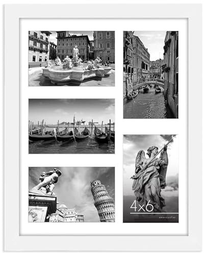 Americanflat 28x36 cm Bilderrahmen Collage Weiß - Fünf 10x15 cm Bilder mit Matte & 28x36 cm ohne Matte Anzeigen - Bilderrahmen 5 Bilder für Bilder der Familie - Verbundholz mit Bruchsicheres Glas