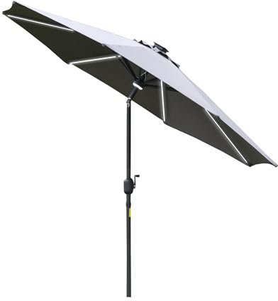 Outsunny 2.7m Garden Parasol Sun Umbrella Patio Summer Shelter w/LED Solar Light, Angled Canopy Vent, Crank Tilt, Grey