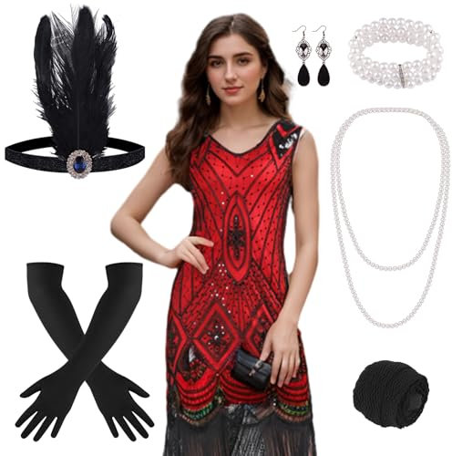 PLULON 1920er-Jahre-Flapperkleid mit Pailletten, Perlen und Fransen, Set mit 20er-Jahre-Accessoires (Rot)