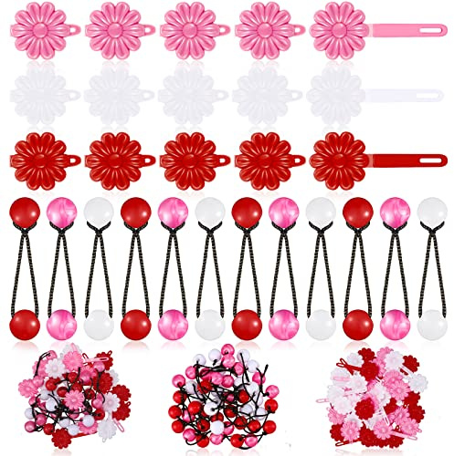 72 Pcs Hair Accessories Set - Barrettes, Balls, Bows, Flowers, and Clips for Girls, Baby, and Toddler (Red, White, Pink)