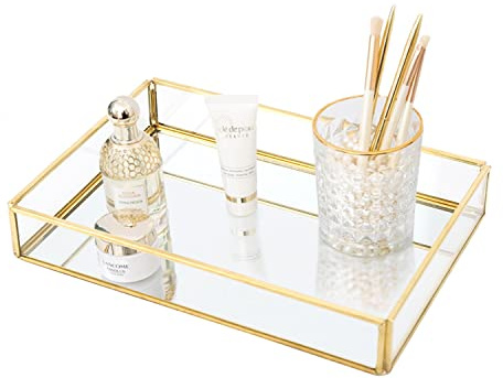 Hapivida Vassoio in Vetro Dorato a Specchio, Metallo Specchio Portagioie, Decorativo per Gioielli Profumi, per Vanità, Comò, Bagno, Camera da Letto (L)