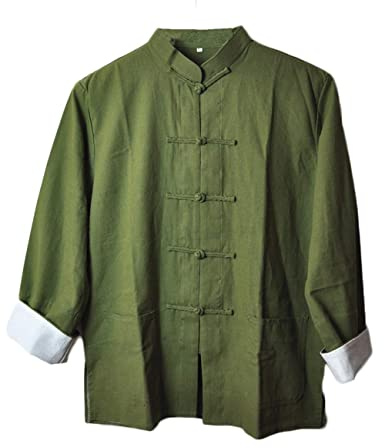 CORETIC Men's Cotton Linen Kung Fu Shirt Chinese Traditional Tang Suit Tai Chi Blouse Long Sleeve Jacket Coats (as1, alpha, m, regular, regular, Army Green)