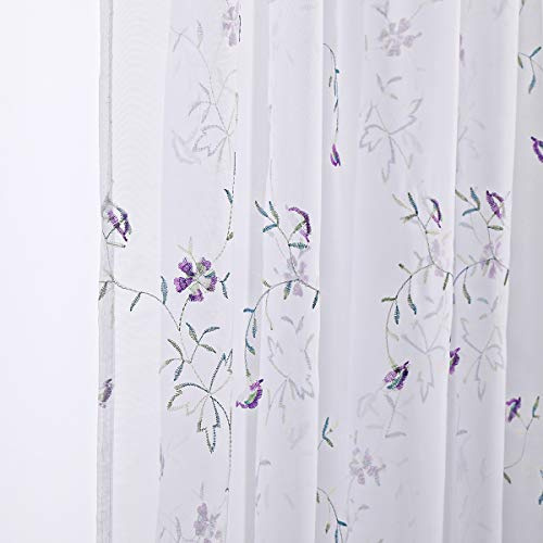 Taisier Home Purple Flower Buds Sheer Curtains for Living Room Floral Embroidery 45 inch Long Rustic Voile Window Curtain Drpaes for Bedroom Rod Pocket 2 Panels