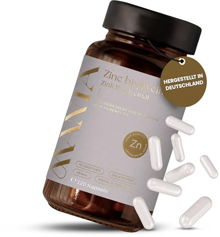 MANIA Zink hochdosiert – 120 Zink Kapseln hochdosiert – Zinc Supplement mit Zinkbisglycinat – Zinkpräparate für Haut, Haare, Nägel, Immunsystem – Zink Vegan