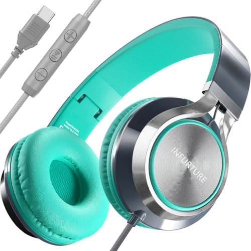 INFURTURE Auriculares con Cable Tipo C, Auriculares USB C con Mic y Control de Volumen, Línea Trenzada sin Enredos, Ligeros y Plegables Adecuado para niños/niñas, Se Aplica a iPhone Serie 16/15