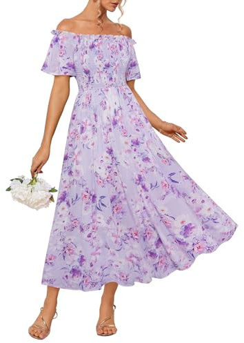 GRACE KARIN Women Summer Off-Shoulder Floral Maxi Dress Casual Short Sleeve A-Line Smocked Dress for Women UK Purple-Purple Flower L