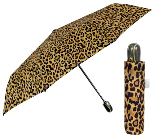 PERLETTI Parapluie Femme Pliant Ouverture et Fermeture Automatique - Ombrelle Femmes Pliable Coloré à Motifs Sac à Main Voyage - Parapluie Dame Fille Incassable (Léopard Jaune)