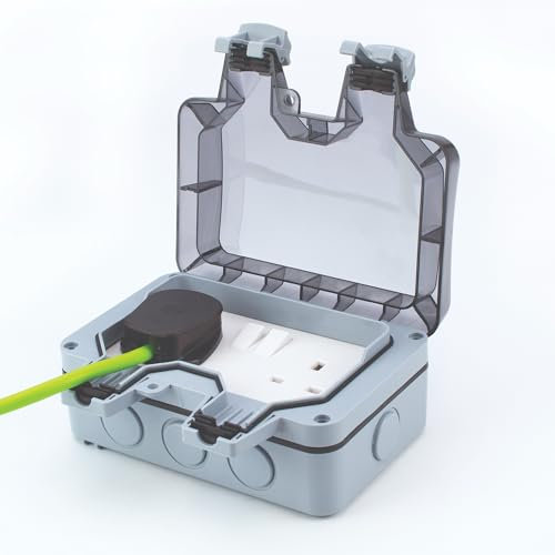 STATUS 2 Gang 13A Switched Outdoor Socket, IP66 Weatherproof Wall-Mount Unit, White Body with Grey Cover for Garden, Workshop, Patio Power (S2GWWSIP661PK)