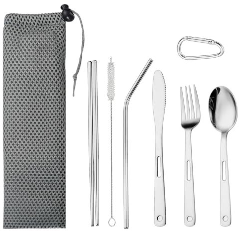 GWAWG Set de Couverts Camping avec Étui, Kit Vaisselle Réutilisable pour Pique-Nique, Voyage, Randonnée – Couteau, Fourchette, Cuillère, Pailles, Baguettes, Brosse, Mousqueton