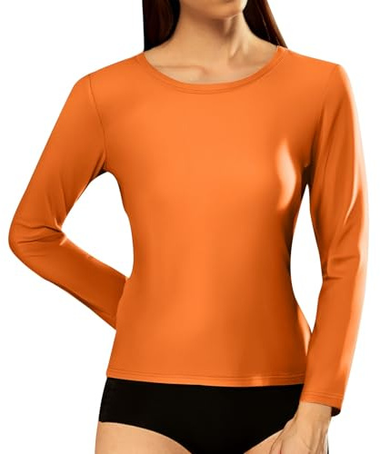 T-shirt décontracté côtelé à manches longues et col rond pour femme, Orange, XXL