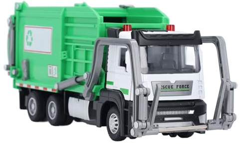 HELEVIA 1:32 Garbage Truck Toy with Dumpster 4 Trash Bins Friction Powered Light Sounds, Waste Material Vehicle Model, for Kids Waste Management Play Experience