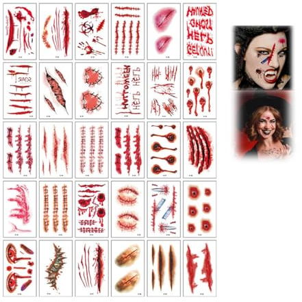 Halloween Temporary Tattoo Stickers, Fake Scars, Masquerade Face Decoration, Halloween Makeup Tattoos Stickers Family Kits, For Women & Men - Decor & Party Supplies (Style-R2)