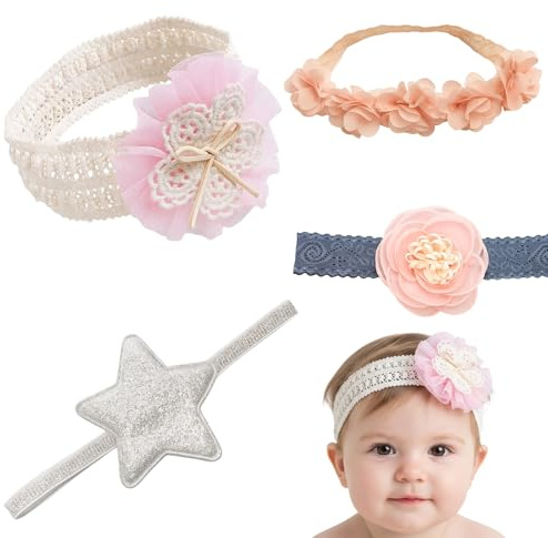 4 Pack Baby Headbands, Soft Elastic Hair Accessories for Infant Girls, Newborn Toddler Baby Girl Bows for Daily Wear, Parties, Photography, Headbands for Babies 0-36 Months ﻿