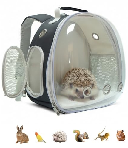 Small Animal Carrier Guinea Pig Backpack,Transparent, Breathable Backpack Carrier for Hedgehogs, Rabbits, Birds, Squirrels, Hamsters, Lizards Comfortable, Portable Travel Bag for Small Pets (Black)