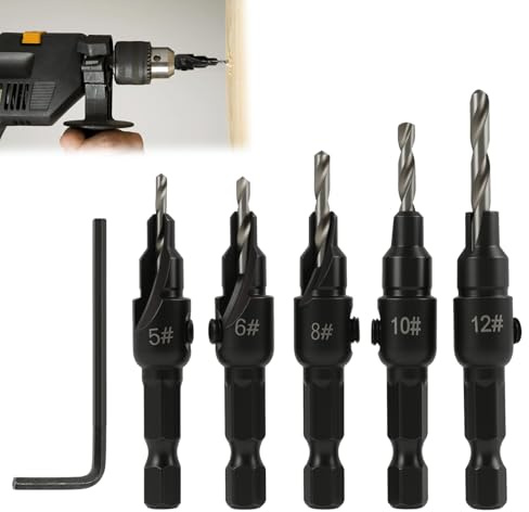 Countersink Drill Bit Set, 5Pcs Quick Change 1/4 Hex Shank Adjustable Countersink Set, Woodworking Countersink Bits with Replaceable Pilot Drills and Hex Wrench for Wood, Plastic and DIY Projects