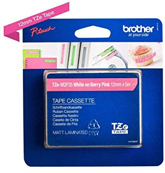 Brother TZe-MQP35 Labelling Tape Cassette, White on Matt Berry Pink, 12 mm (W) x 5 m (L), Laminated, Brother Genuine Supplies