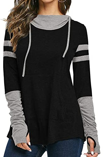iChunhua Casual Fall Tops for Women Long Sleeve Ladies Hoodies with Thumb Holes Black XL