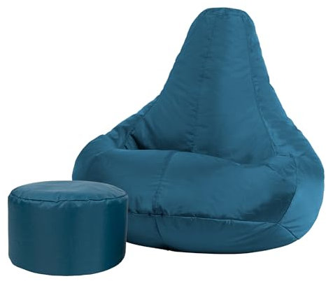 Bean Bag Bazaar Gaming Sitzsack mit Hocker für Erwachsene, Blaugrün, Outdoor Sitzsack mit Füllung, Bean Bag, Wasserabweisender Stoff, Bequemer Sessel für Wohnzimmer, Garten, Terrasse