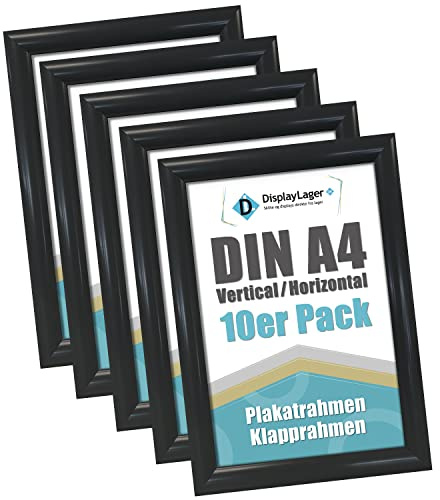 DisplayLager - Snäppramar | Affischramar med 25mm aluminiumsprofil i silver | inkl. reflektionsskydd och fästmaterial | växla ram/affischram/bildram… (A4 (10 stycken), Svart)