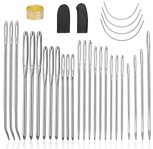 32 Pcs Aiguilles à Coudre Ensemble d'Aiguilles à Coudre à la Main Aiguille à Coudre en Cuir Aiguille Émoussée avec Aiguille de Sac Aiguille Courbée Dé à Coudre pour la Réparation de Rembourrage