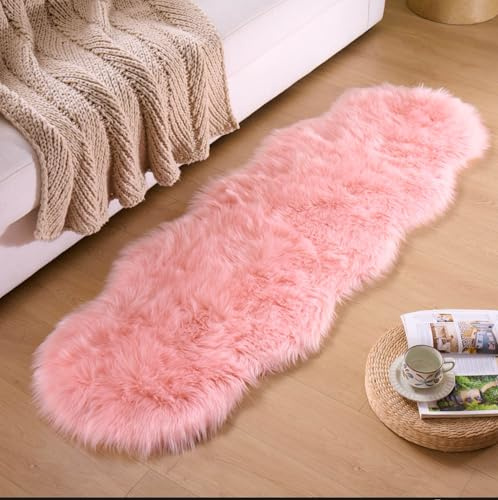 CKLZSAY Faux Fur Rug Runner 2x6 ft Pink - Machine Washable Super Soft Plush Shaggy Fluffy Area Carpet,Sheepskin Rug Fuzzy Floor Mat for Bedroom, Sofa,Living Room, Bedside, Nursery & Kids Room