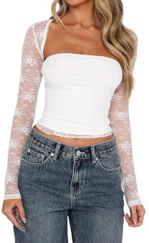 Betrodi Women Lace Y2K Sheer Shirt Long Sleeve Sexy Low Cut Cropped Tight Tube Top Floral Lace Fitted Bolero Shrug Set(Great White 4,S)