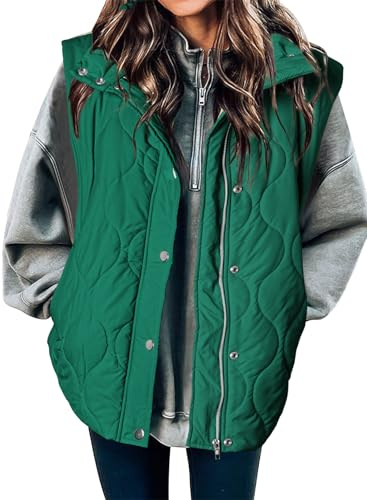 EVALESS Womens Fall Winter 2025 Fashion Cropped Puffer Vest Lightweight Quilted Stand Collar Sleeveless Jackets Fall Winter 2025 Button Zip Up Warm Coats Outerwear with Pockets Green Medium