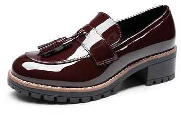 DREAM PAIRS Womens Loafers, Slip On Platform Chunky Penny Heeled Lug Sole Loafers for Women Dressy and Work, Business Casual Shoes for Women,Size 7,Burgundy-Pat,SDLS2404W