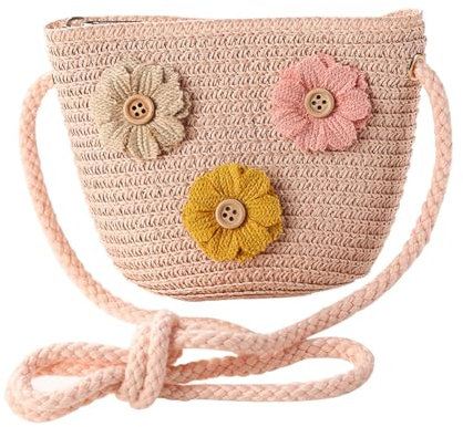 HGSHUO Mädchentaschen Blumen Stroh Tasche mit Reißverschluss Strohtasche Crossbody Bag Stroh Umhängetasche Boho für Urlaub Reise Outdoor Aktivitäten Ostern Mitgebsel Geschenke