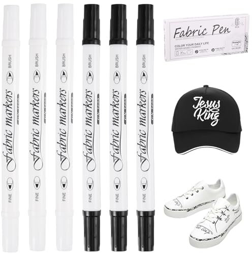 SUWIWKKOA 6 Stück Textilstifte Waschmaschinenfest, 1-5mm Dual Tip Textilmarker Permanent Textilstift Schwarz Textilmarker Weiß, Waschfest Textilmarker für T-Shirt Textilien