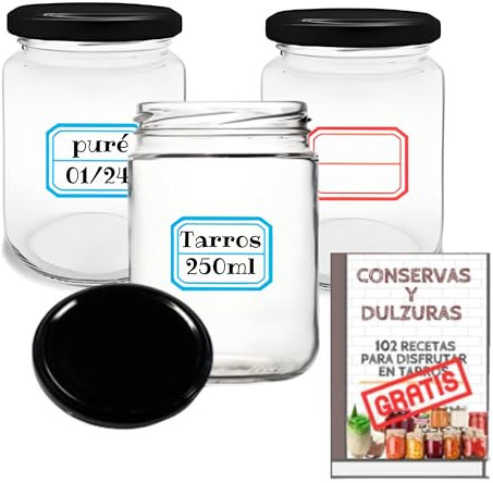 12 Tarros de Cristal de 250 ml + 12 Tapas extra de Rosca Hermética + Ebook de 102 Recetas - Tarros para potitos, Conservas, Postres, Mermelada, yogur, salsas - Incluye Etiquetas (Tapas Negras)