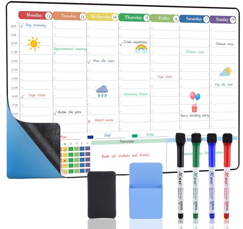 POPRUN A3 Weekly Planner Whiteboard, Self Adhesive Organiser for Smooth Surface, Family Calendar with Time Slots for Memo Meal and Schedule Planning