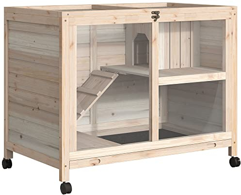 PawHut Conejera de Madera con Ruedas 91,5x53,3x73 cm Jaula para Conejos de 2 Niveles con Techo Abatible Bandeja Extraíble y Rampa Natural