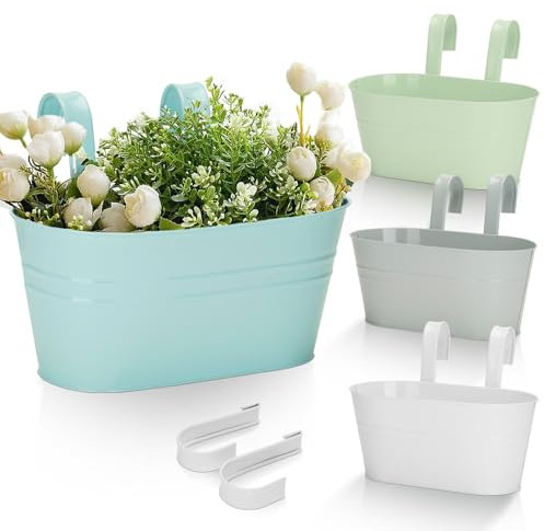 KINGLAKE 4 Stück 27CM Blumentöpfe zum Aufhängen Hängend,Bunt Blumentopf Metall,Große Hängetopf mit Abnehmbarem Haken und Loch, für Balkon, Zäune, Fenster, Geländer-27X 22X 12cm