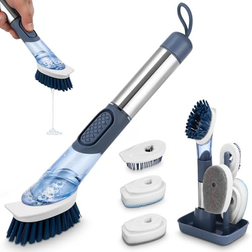LEAZZLE Spülbürste mit Spülmittelspender, Multifunktional Reinigungsbürste Set mit 4 Ersatzköpfen und Halter, Küchenbürste, Abwaschbürste, Geschirrbürste für Geschirr Topf Pfanne Küchenspüle Reinigung