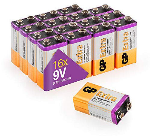Piles 9V - Lot de 16 Piles | GP Extra | Batterie 9v alcaline 6f22-6lr61 - Longue durée idéale pour détecteurs de Mouvement, Jouets, télécommande, détecteurs