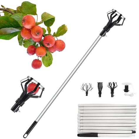 Domigard Fruit Picker Tool with Telescopic Pole, 12 Foot/3.3m Fruit Picker with Light-Weight Aluminum Telescoping Pole, Fruit Grabber Catcher Picker for Fruits Tree and Lamp Bulb Removal Tool