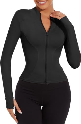 CheChury Femme Veste de Sport Manche Longue Veste de Yoga Femme Trou Pouce Haut Sport Séchage Rapide Zip Encolure Veste de Course pour Yoga Fitness Jogging,Noir,S