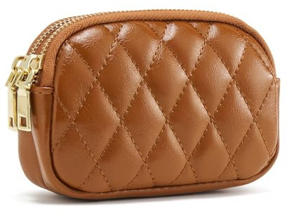 QIUTIMIY Women Artificial Artificial Leather Small Purse Pouch Cash Mini Coin Wallet Double Zipper Pocket with Keychain(Quilted Brown)