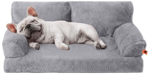 MEWOOFUN Orthopädisches Hundesofa, mittelgroß, wasserdicht, Anti-Angst-Plüschbezug für Welpen, 90 x 65 x 30 cm (Grau, L)