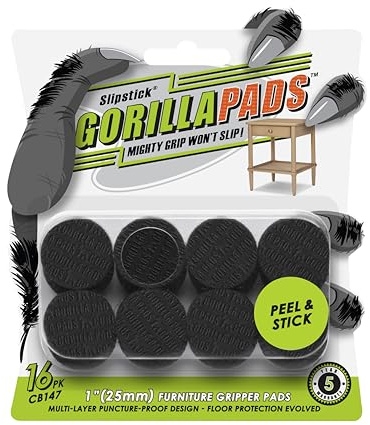 Slipstick GorillaPads CB147 Non Slip Furniture Pads/Gripper Feet (Set of 16) Self Adhesive Rubber Floor Protectors, 25mm Round, Black
