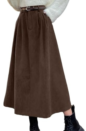KBOPLEMQ Jupe en velours côtelé vintage pour femme - Taille haute - Ligne A - Jupe midi swing - Élastique - Taille haute - Plissée - Jupes en velours côtelé - Élégante jupe longue décontractée et