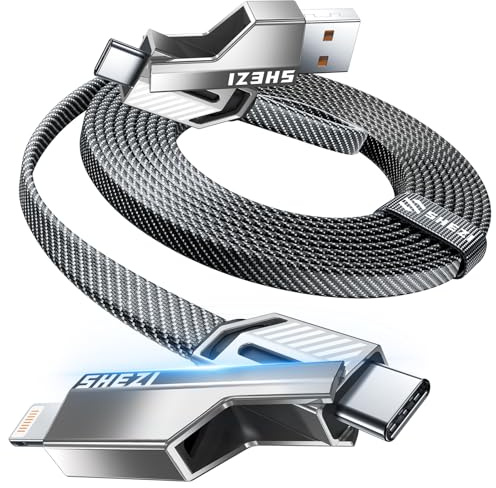 SHEZI [Upgraded 2.0] 4-in-1 USB C Charger Cable 60W Compatible with Lightning Cable [Fast Charging & Data Transfer] Braided Multi Charger Wire with L/USB C/A Port for iPhone/iPad & All Devices, 1.5M