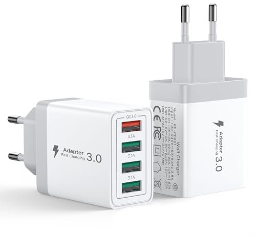 Aioneus Chargeur USB, 2-Pack Prise USB Multiple 40W Chargeur Rapide iPhone, 4 Port Multi Secteur QC 3.0 USBA Adaptateur pour iPhone 16 15 14 13 12 11 Pro Max X XS XR 8 7 6S Plus Mini SE,iPad,Samsung