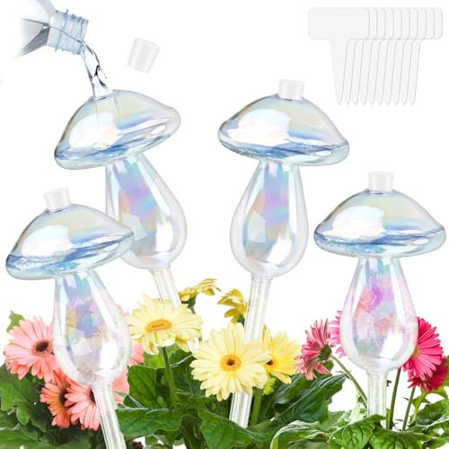 HGRGHH 4 Stück Bewässerungskugeln Pilze, Bunte Glas Pflanzenbewässerungskugeln, Bewässerungskugeln für Pflanzen, Wasserspender für Pflanzen, Selbstbewässernde Kugeln für Zimmerpflanzen/Garten/Balkon