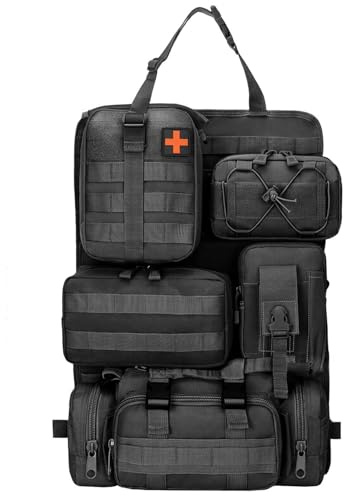diceevil Tactical Car Seat Back Organizer with Molle Panel & 5 Pouches | Heavy duty Oxford storage bag with 5 detachable pouches. Universal fit for SUV, Jeep, truck, van & off-road vehicles.