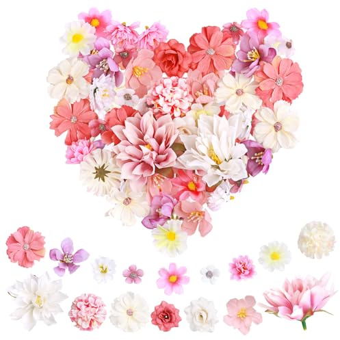 Draupnir 42 Piezas Cabezas Flores Artificiales, 16 Estilos Flores Falsas Decorativas, Floress Artificiales Deco para DIY Manualidades de Boda Corona Pared Fiesta Hogar
