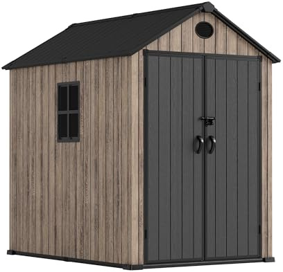 Hoggar Abri de jardin en résine 3,62 m² Oak O40 - Sol inclus - Fenêtre latérale - Effet bois Premium - Double porte large - Protection UV et imperméable - Fermeture par goupille - Ventilations